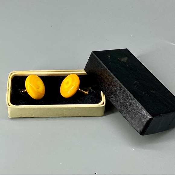Vintage Art Glass Cuff Links Orange Yellow Swirls Handmade Blown Glass - Picture 14 of 15